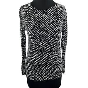 THEORY Black White Print Linen Blend Long Sleeve Blouse Scoop Neck Size S Small